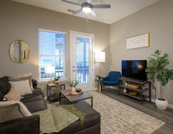 a furnished student apartment living room with a TV